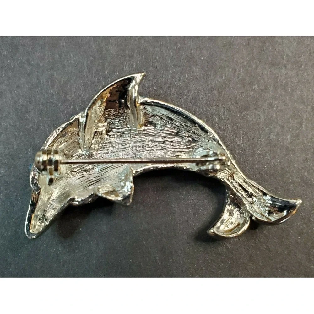Silver Tone Metal & Blue Rhinestones Dolphin Porpoise Brooch Pin